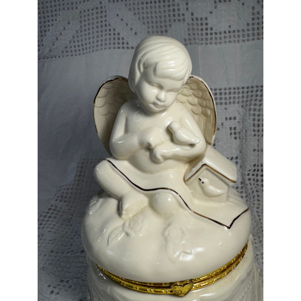 Ceramic Round Angel Trinket Box Cherub with Bird Gold Trim Heart Latch 2636800